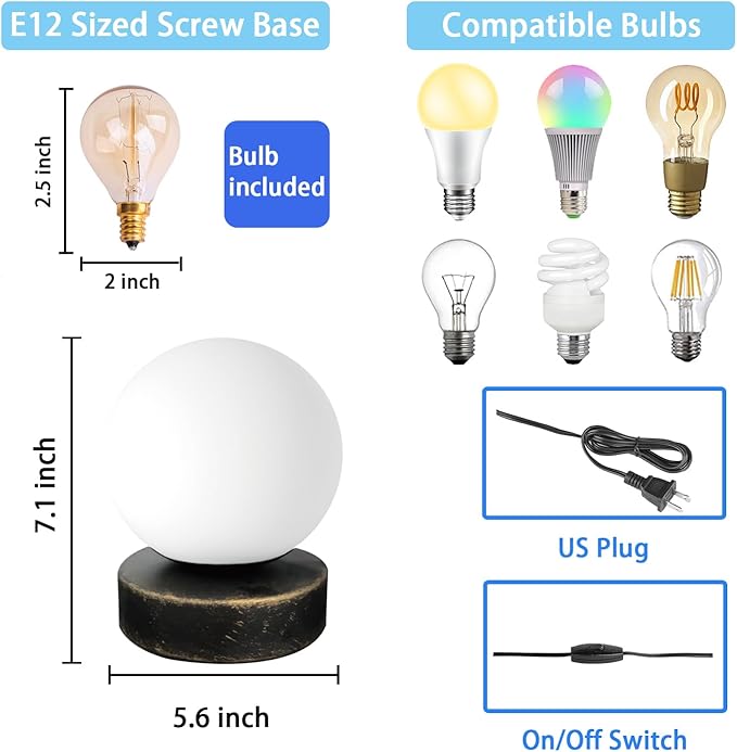 FLORNIA Globe Tble Lamp, Modern Industrial Round Table Lamp, Unique Bedside Nightstand Desk Lamp with Glass Shade and Marble Base for Bedroom, Living Room, Office Study, Decoration (Include Bulb G45)