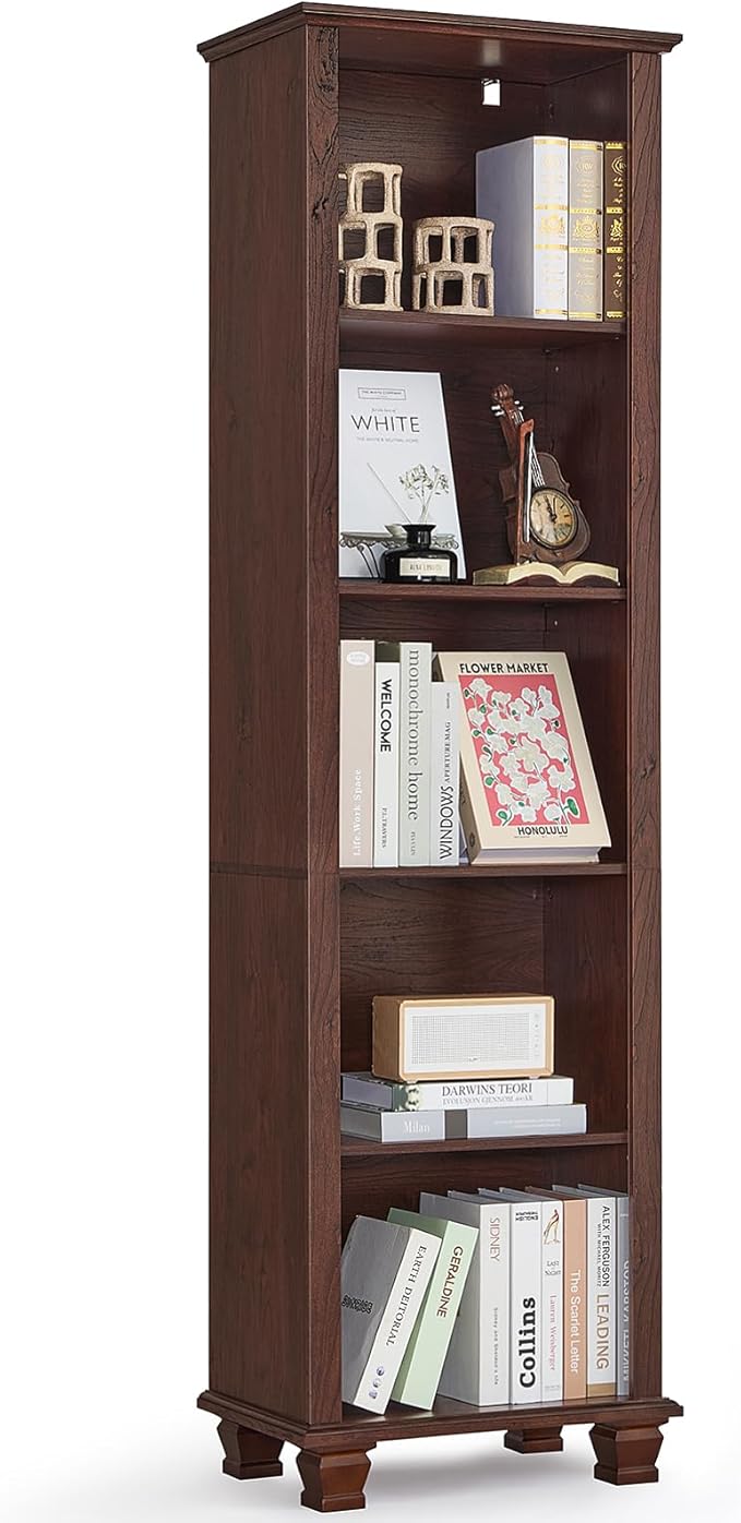 SAVOR LIFE Narrow Walnut Book Shelf, 70" Tall Skinny Bookshelf with Adjustable Shelves & Wooden Legs, Farmhouse Wood Bookcase w/5-Tier Open Storage, Free Standing Book Case for Office, Living Room