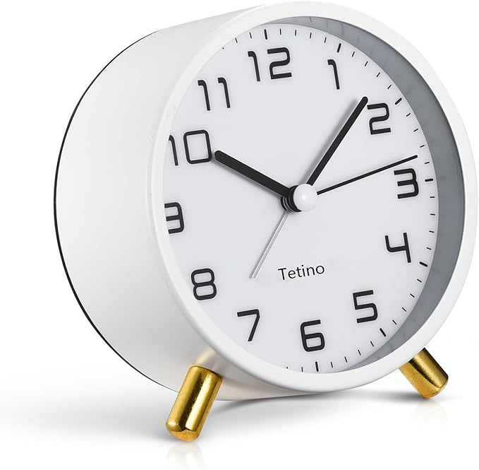 Tetino Analog Alarm Clocks,Retro Metal Desk Silent Non Ticking Small Clock with Night Light,Battery Operated,Simple Design,for Bedrooms, Bedside,Office,Home Décor (White)