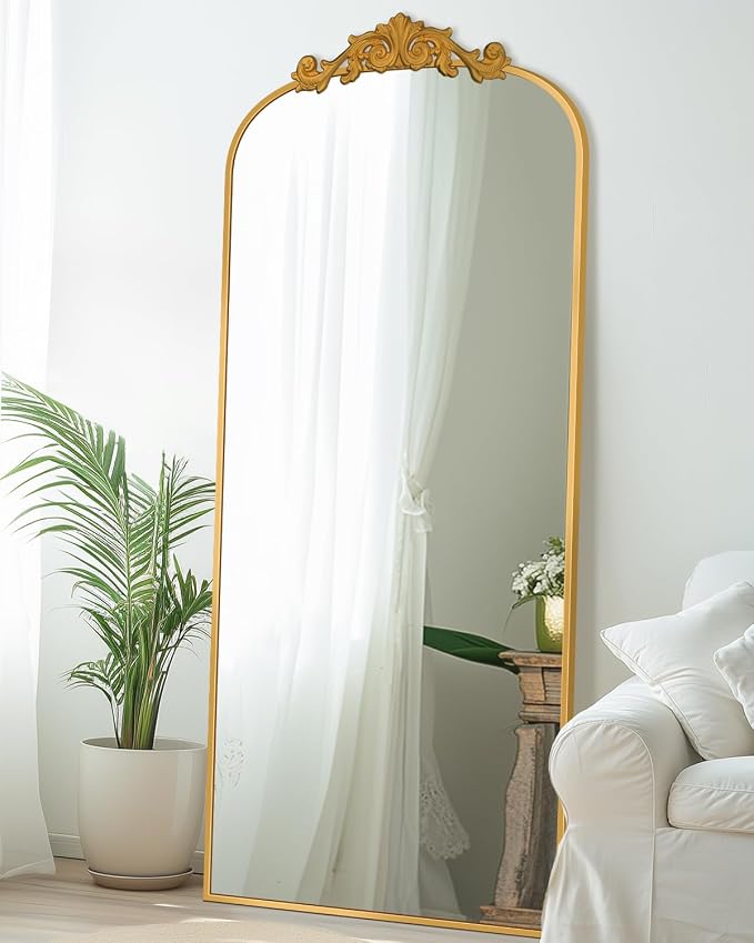 Antok Arched Full Length Mirror, 65"x24" Floor Mirror with Carved, Full Body Mirrors for HomeDecor, Standing/Halling Large Wall Mirror for Bedroom, Living Room, Cloakroom, Gold, Retro Style