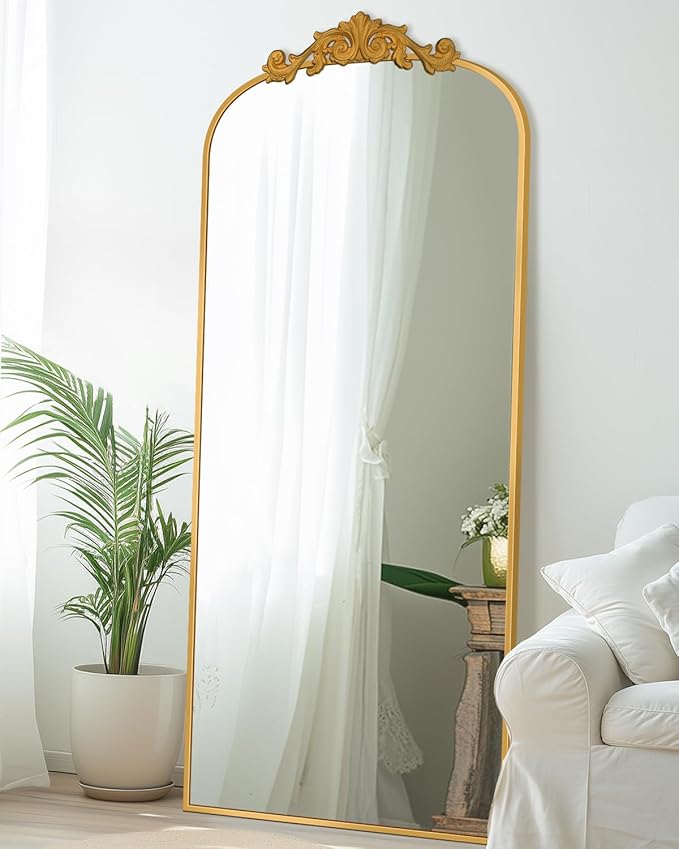 Antok Arched Full Length Mirror, 65"x22" Floor Mirror with Carved, Full Body Mirrors for HomeDecor, Standing/Halling Large Wall Mirror for Bedroom, Living Room, Cloakroom, Gold, Retro Style