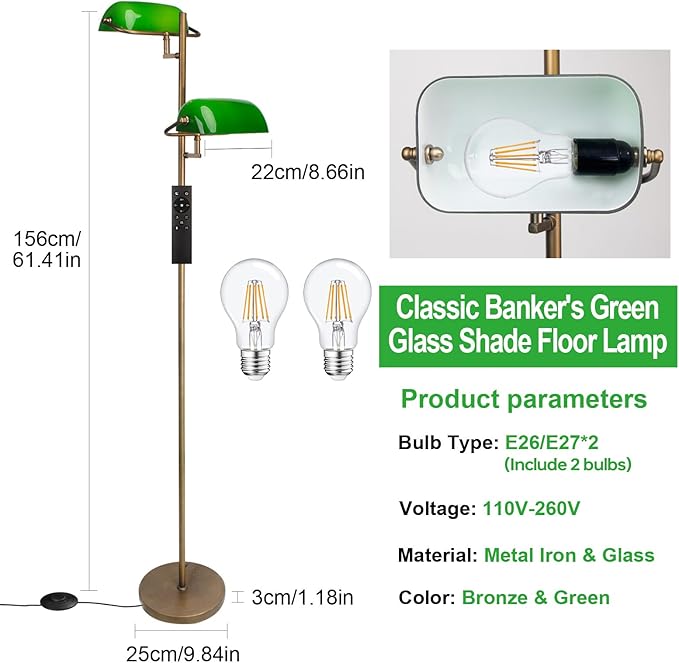 FIRVRE Bankers Floor Lamp for Living Room, Vintage Floor Lamp with Foot Switch,Remote Control Standing Lamp with Glass Lampshade, Antique Green Floor Lamp for Bedroom Office Kid Room