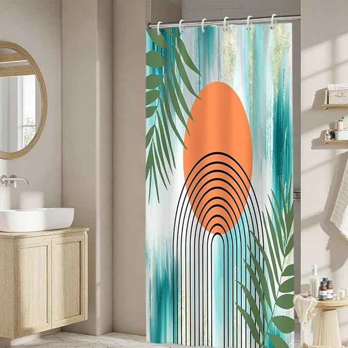 Modern Boho Teal Shower Curtain for Bathroom Abstract Minimalist Bathroom Decor Set Green Leaves Arch Orange Sun Bathtub Curtains Machine Washable Waterproof Polyester Fabric with Hooks 48x72 Inch