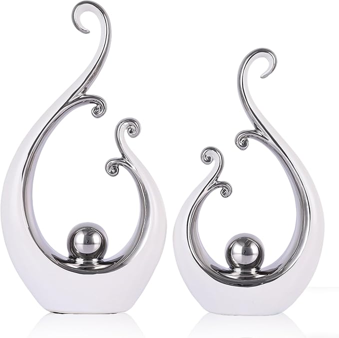 DOVDOV White and Silver Home Decor, Abstract Ceramic 2-Piece Sculpture Set, Modern mid-Century Art Statues, Perfect for Accent Tables, countertops, Coffee Tables, and entryway Decor.