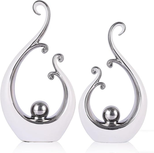 DOVDOV White and Silver Home Decor, Abstract Ceramic 2-Piece Sculpture Set, Modern mid-Century Art Statues, Perfect for Accent Tables, countertops, Coffee Tables, and entryway Decor.