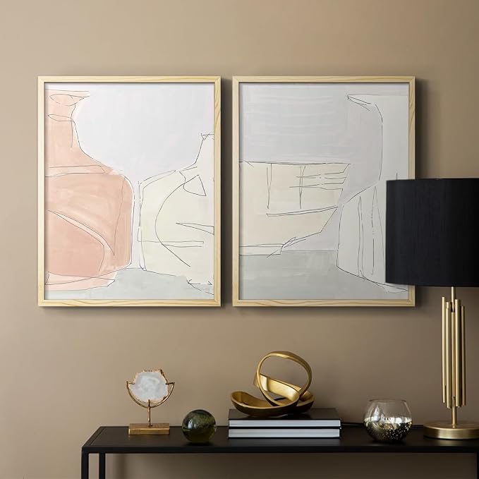Renditions Gallery Set of 2 Peel & Stick Framed Prints, Neutral Abstract Wall Art, Soft Tones Delicate Linework Wall Decor, Re-Stickable - Ready to Hang - 8"x10" - NATURAL WOOD Frame LT588