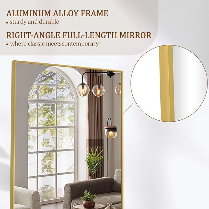 Koonmi 65"x24" Floor Mirror Full Length, Bedroom Floor Body Mirror with Stand, Large Gold Mirror, Leaning, Standing or Hanging Horizontally/Vertically