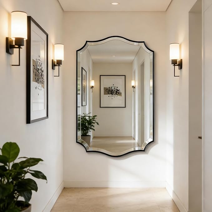 POZINO Scalloped Beveled Mirror, 30"x48" Modern Rectangle Mirrors for Over Sink, Large Wavy Decorative Mirrors, Irregular Shaped Mirror for Vanity Bathroom Living Room Bedroom Fireplace Entryway