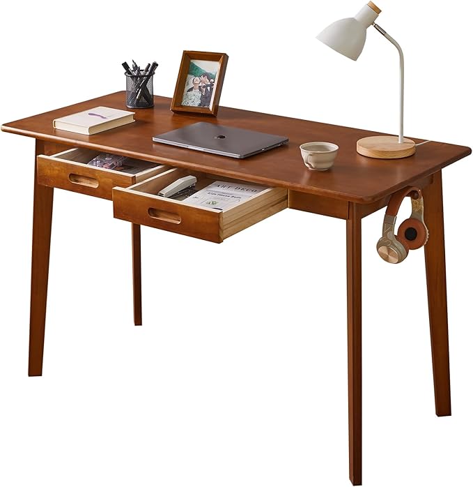Aibiju Solid Wood Desk with Drawers, 47inch Computer Desk for Modern Minimalist Style, Gaming Study Home Office Desks for Work, Student PC Desk for Bedroom Brown YD-WD03H