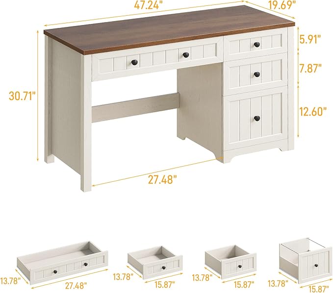 Vabches Farmhouse Executive Desk with 4 Drawers, Home Office Desk with File Drawer, Wood Computer Desk with Storage, Rustic Office Desk for Work Study Writing, Brown White
