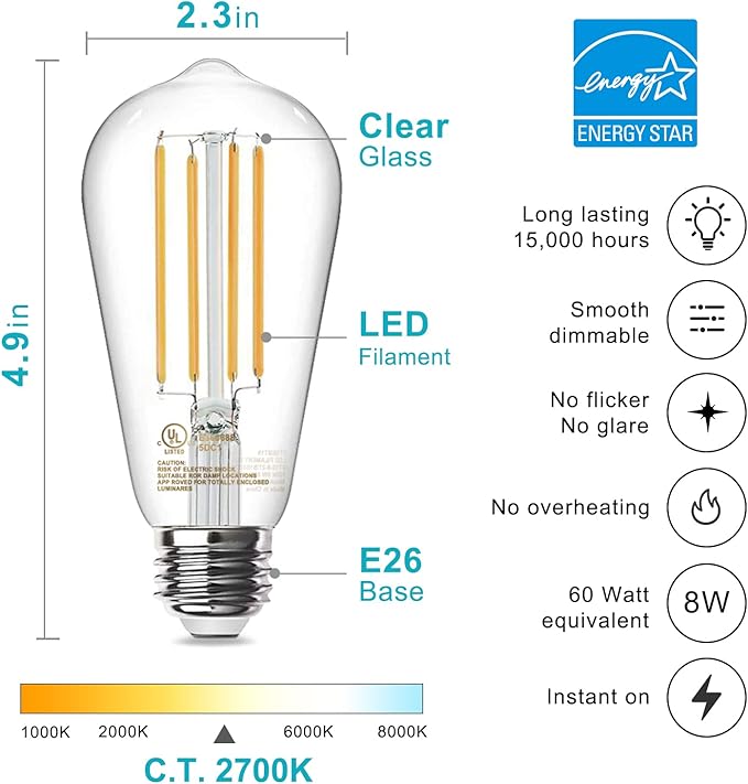 TJOY 10 Pack Vintage 8W ST58 LED Edison Light Bulbs, Dimmable, 60W Equivalent, 800Lumens, 2700K Warm White, E26 Base LED Filament Bulb, CRI80+, Antique Glass Style for Home, Bedroom, Office, Farmhouse