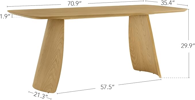 CHITA 71" Modern Dining Table for 6, Rectangle Wood Kitchen & Dining Room Table, Solid Rubberwood Frame, Bentwood Legs, Oak Venner