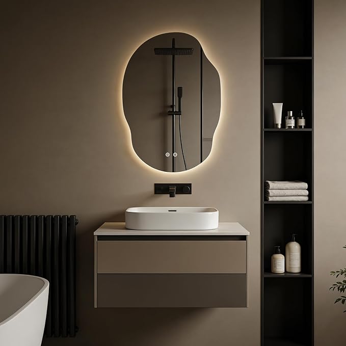 Asymmetrical Bathroom Mirror with Lights, Irregular LED Backlit Vanity Mirror, 31" H x 22" W, Anti-Fog, Dimmable Lighting with 3 Color Temperature, Memory, Hardwired, Vertical or Horizontal Mount