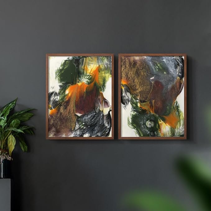 Renditions Gallery Set of 2 Peel & Stick Framed Prints, Watercolor Abstract Wall Art, Colorful Fluid Design Wall Decor, Re-Stickable - Ready to Hang - 16"x20" - Walnut Frame LT588