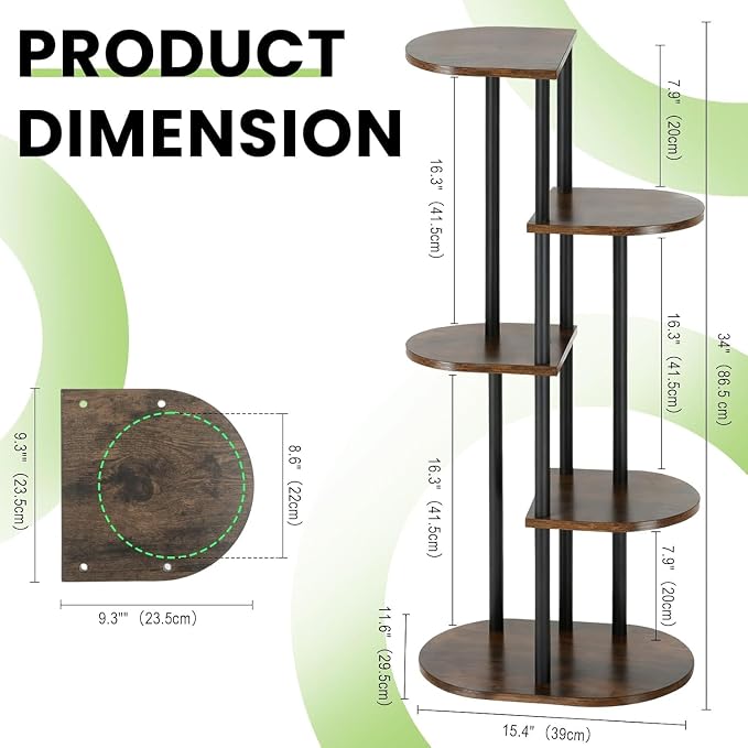 Tiered Plant Stand Indoor, Tall 5 Tier 6 Potted Wooden Plant Shelf for Multiple Flower Plants, Multi Corner Metal Plant Holder Indoor for Patio Garden Patent Design Living Room Balcony Bedroom, Rustic Brown