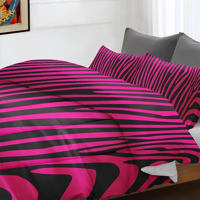 Comforter Set with 2 Pillowcases Queen Size, Hot Pink Zebra Print Line Abstract, Bed Decor African Wildlife Black Striped Animal Jungle for Kids and Adults, Soft Cozy Bedroom Bedding Set