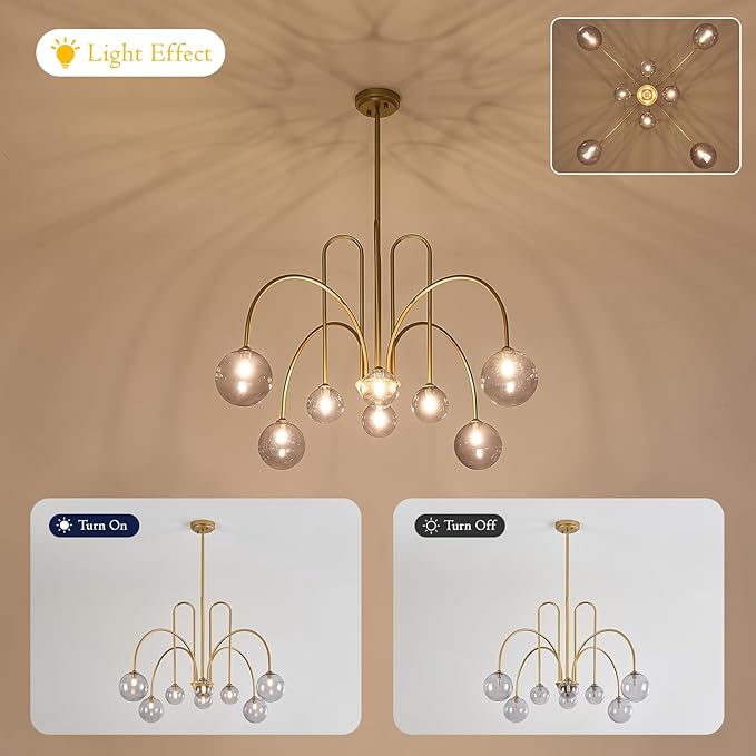 Modern Chandelier 8 Lights Gold Sputnik Light Fixture Large Luxury L41” Mid Century Smoke Glass Globe Ceiling Pendant Lighting for Foyer Staircase Living Dining Room Kitchen