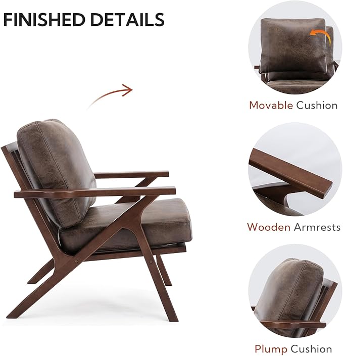 Bonzy Home Faux Leather Accent Chair for Living Room,Upholstered Armchair with Cushions and Solid Wood Frame, Mid-Century Modern Lounge Chair for Bedroom or Office, Retro Brown