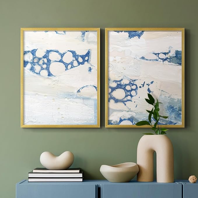 Renditions Gallery Set of 2 Peel & Stick Framed Prints, Textured Abstract Wall Art, Beach Themed Bubble Design Wall Decor, Re-Stickable - Ready to Hang - 22"x28" - GOLD Frame LT588