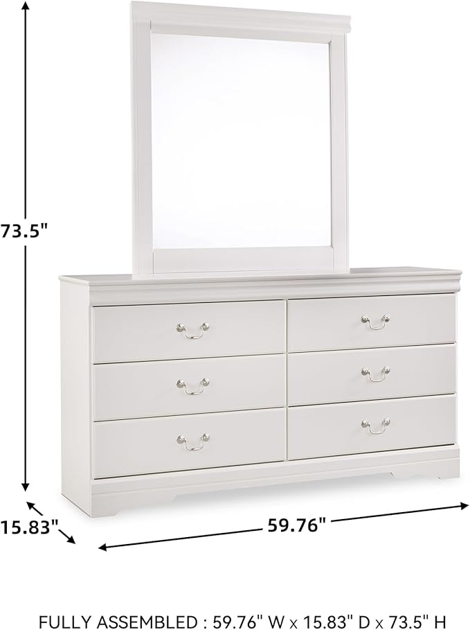 Signature Design by Ashley Anarasia Traditional Smooth-Gliding 6-Drawer Dresser and Mirror with Safety Stop, White