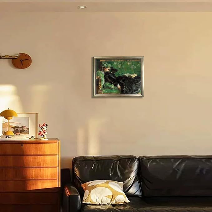 Framed Vintage Woman Reading Book Canvas Wall Art Moody Black and Green Oil Painting Living Room Bedroom Decor Home Artwork