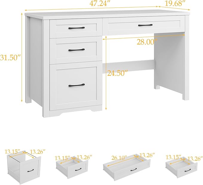Farmhouse 47" Executive Desk with File Drawer, Wood Computer Desk with 3 Storage Drawers, Workstation for Home Office, Study, Writing（White