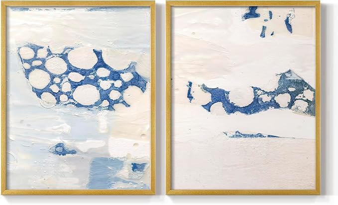 Renditions Gallery Set of 2 Peel & Stick Framed Prints, Textured Abstract Wall Art, White Blue Bubble Like Pattern Wall Decor, Re-Stickable - Ready to Hang - 11"x14" - GOLD Frame LT588