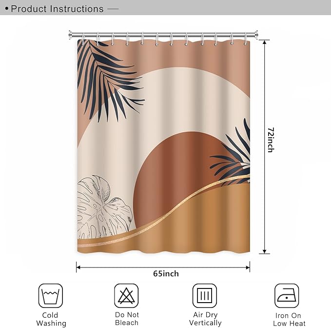 Abstract Mid Century Boho Bathroom Shower Curtain - Orange Sun Eucalyptus Leaves With Hooks, Waterproof Fabric Polyester for Aesthetics Home Decor, 65x72 Inch