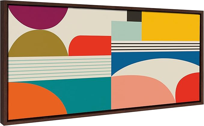 Kate and Laurel Sylvie Mid Century Modern Pattern Framed Canvas Wall Art by Rachel Lee of My Dream Wall, 18x40 Brown, Colorful Abstract Art Print for Home Wall Decor