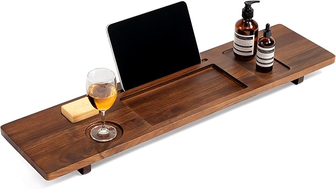 Teak Wood Bathtub Tray Caddy, 35 Inch Adjustable Bath Tub Tray for Freestanding Tubs, with Non-Slip Phone & Wine Glass Holder, Book Stand for Relaxing Bath
