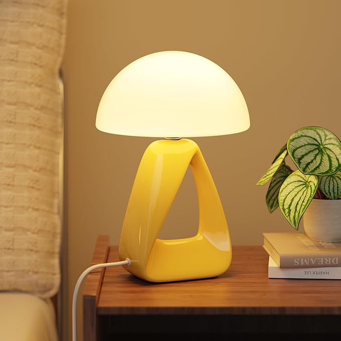 Mushroom Lamp, Small Table Lamp for Bedroom, Creative Geometric Ceramic Base Bedside Lamp, Mid Century Modern Side Table Lamp for Living Room Nightstand, Unique Aesthetic Home Decor Gift Ideas, Yellow