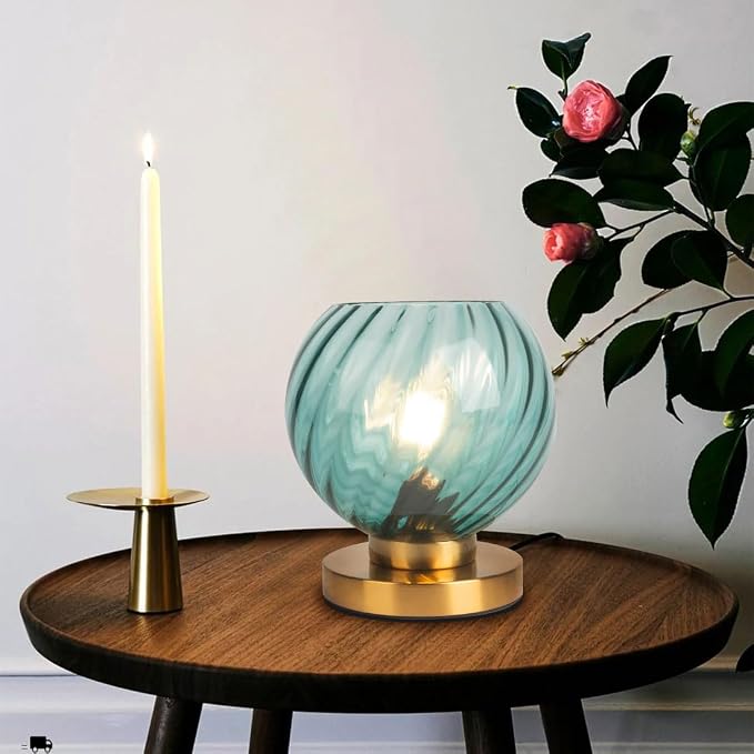 Mid Century Table Lamp, Globe Desk Lamp with Blue Handblown Glass Shade, Gold Metal Nightstand Night Light for Room Home Office Desk Dorm Studyroom (Blue)