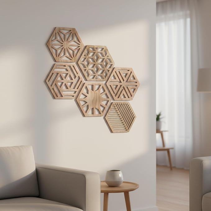 Ripeng 6 Pcs Honey Comb Decorations 11.8 Inch Hexagon Wall Decor Farmhouse Wood Earthy Hexagon Wall Panels Modern Hollow Carved Design Rustic Abstract Decor for Living Room Kitchen(6 Style)