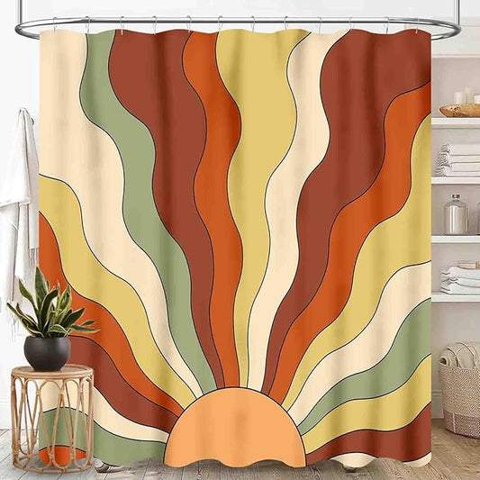 70s Orange Shower Curtain for Bathroom, Boho Sun Funky Hippie Wave Mid Century Abstract Sunrise Sunset Modern Geometric Colorful Retro Waterproof Fabric Shower Curtain Set with Hooks, 72"x72" Inch