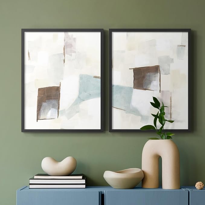 Renditions Gallery Set of 2 Peel & Stick Framed Prints, Abstract Wall Art, Minimalist Color Block Brush Strokes Wall Decor, Re-Stickable - Ready to Hang - 8"x10" - Black Frame LT588