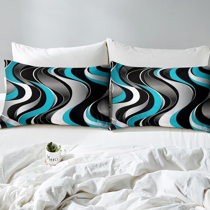 Erosebridal Geometric Wavy Lines Duvet Cover Queen for Kids Teens Adults,Minimalist Abstract Art Comforter Cover,Modern Aesthetic Bedding Set,Teal Grey Black Bed Set with 2 Pillowcases Bedroom Decor