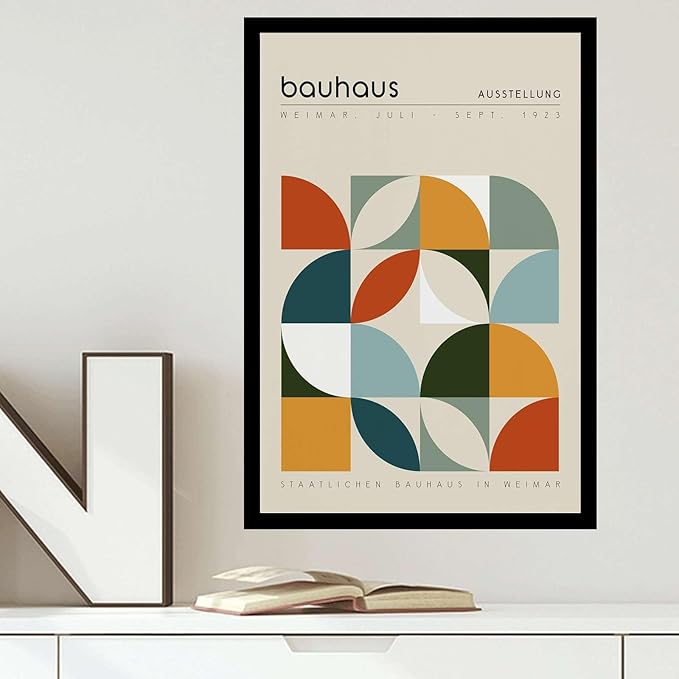 AnenaXean Poster Wall Art Picture Bauhaus Exhibition Poster Geometric Print Abstract Wall Art Mid Century Modern Beige Orange Sage Decor Bedroom and Kitchen Office Wall Decoration 8x12inch Solid wood