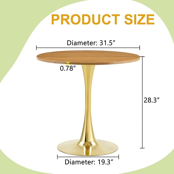 31.5 Inch Small Round Dining Table for 2-4 Person, Circle Tulip Table with Faux Wood MDF Top and Gold Metal Base,Mid Century Modern Bistro Table for Kitchen, Small Places,Living Room, Cafe