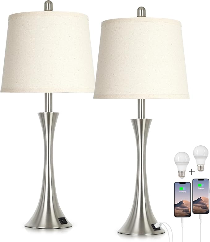 Rinweey 27.5" Silver Table Lamps Set of 2, Touch Bedside Lamps with USB C+A Ports, 3 Way Dimmable Nightstand Lamps for Bedroom, Living Room, Office, Silver Lamp with Beige Lampshade, Bulbs Included