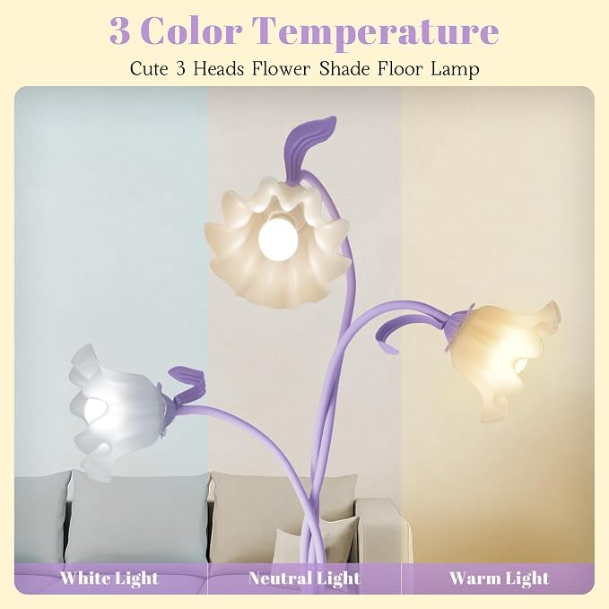 Flower Standing Lamp for Bedroom, Cute Corner Floor Lamp with Flexible Gooseneck, 3 Light Floor Reading Lamp with 3 Color Temperatures, Bulbs Included, Tall Floor Lamp for Living Room Corner(Purple)