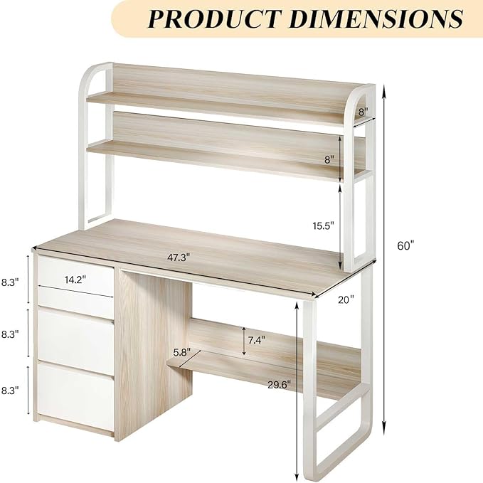 MaverickFurni Computer Desk with Hutch, 47 Inch Small Desk with 3 Drawers for Bedroom, Study Writing Desk with Shelves for Small Spaces, Adjustable Feet, Light Walnut