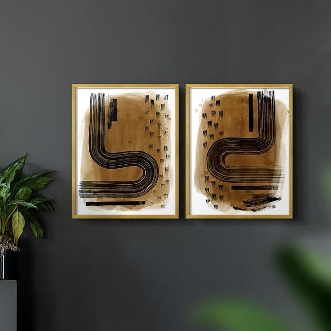 Renditions Gallery Set of 2 Peel & Stick Framed Prints, Abstract Wall Art, Hand Drawn Ink Curves Wall Decor, Re-Stickable - Ready to Hang - 11"x14" - GOLD Frame LT588