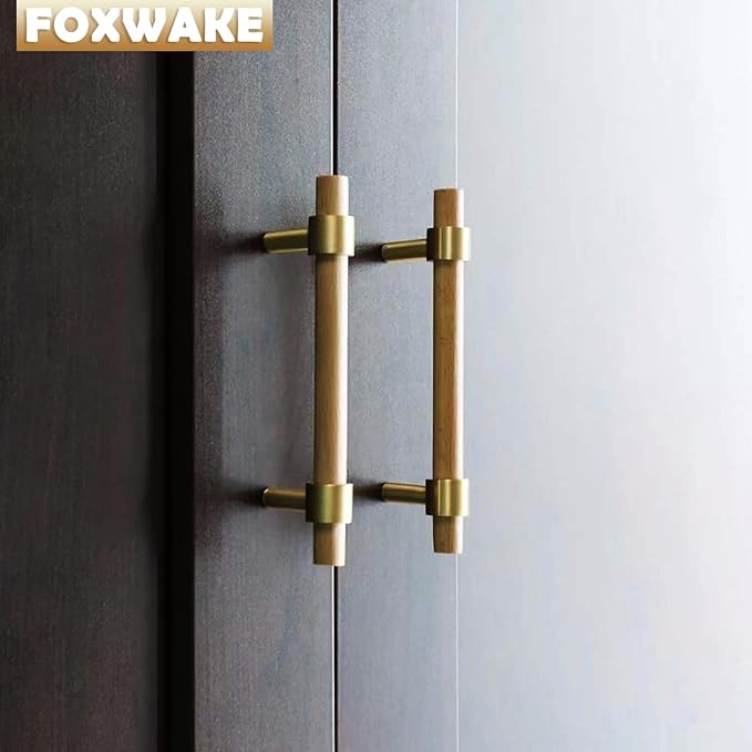 Natural Wood and Brass Kitchen Cabinet Handles 5~7.4 Inch Center to Center 4Set Adjustable 6Inch Double Hole Modern Dresser Pulls, 7Inch Unfinished DIY Drawer Knobs