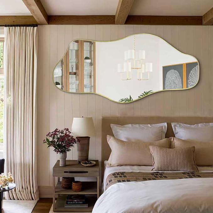 Irregular Mirror, 59"x25.5" Asymmetrical Full Length Mirrors Decorative, Gold Cloud Shaped Mirror, Large Abstract Frameless Mirrors for Living Room Bathroom Bedroom Hallway Entryway