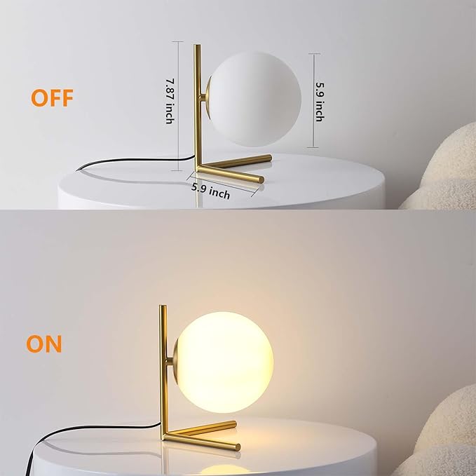 Glass Table Lamp, Minimalist Nightstand Lamps, Metal Standing Reading Light with Glass Ball Shade, Gold Desk Lamp for Bedroom, Office, Study Room, Kids Room (Gold-B-Style)