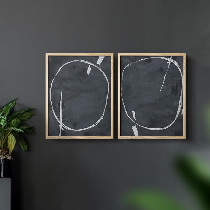 Renditions Gallery Set of 2 Peel & Stick Framed Prints, Abstract Wall Art, Circular Momentum Design Wall Decor, Re-Stickable - Ready to Hang - 8"x10" - NATURAL WOOD Frame LT588