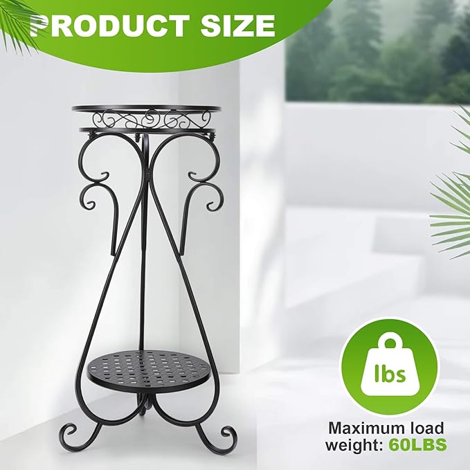 Metal Corner Plant Stand Indoor - 2 Tier Tall Potted Flower Pot Stand Outdoor Multiple Tiered Rustproof Iron Holder Heavy Duty Plant Rack Round Suport Shelf for Balcony Garden Patio Enterway