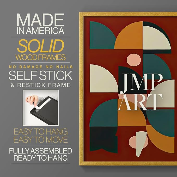 Renditions Gallery Set of 2 Peel & Stick Framed Prints, Mid Century Abstract Wall Art, Modern Geometric Shapes Wall Decor, Re-Stickable - Ready to Hang - 11"x14" - GOLD Frame LT588