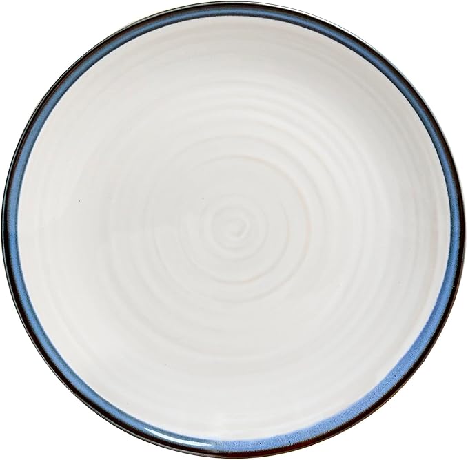 Sango Siterra Santorini 16-Piece Stoneware Dinnerware Set for 4, Ceramic White Plates and Bowls Sets with Blue Rim & Reactive Glaze, Chip Resistant Dish Set, Microwave & Dishwasher Safe Kitchen Dishes