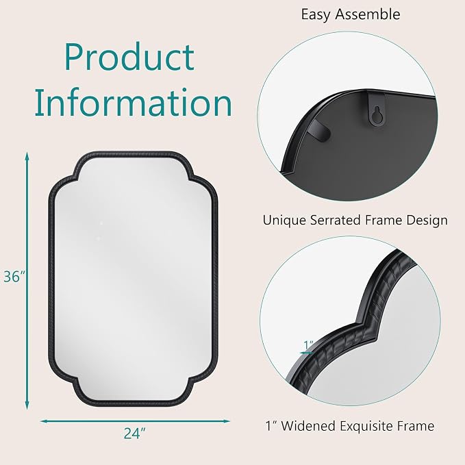 Vintage Black Wall Mirror - 24"x36" Large Black Bathroom Vanity Mirror with Rounded Corner Rope-Like Rectangle Metal Frame, Wall Decorative Mirrors for Living Room, Bedroom, Fireplace